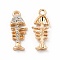 Rack Plating Eco-friendly Alloy Rhinestone Pendants, Fishbone Charm, Golden, Crystal, 22x8.5x3.5mm, Hole: 2mm