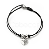 304 Stainless Steel Heart Charm Bracelet with Waxed Cord for Women BJEW-A125-13-1