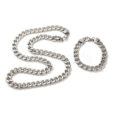 Unisex 304 Stainless Steel Curb Chain Bracelet & Necklace Jewelry Sets SJEW-L198-003P-1