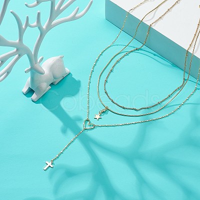 3Pcs 3 Style Brass Star & Heart & Cross Pendant Necklaces Set with Satellite Chains NJEW-JN04074-1