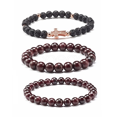 Natural Garnet & Lava Rock Round Beads Stretch Bracelets Set BJEW-JB06982-01-1