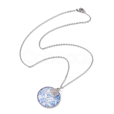 Steel Blue Glass Flat Round & Alloy Pendant Necklace NJEW-JN04453-1