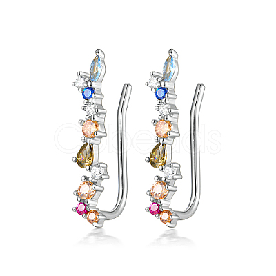 Anti-Tarnish Rhodium Plated 925 Sterling Silver Micro Pave Clear Cubic Zirconia Rainbow Climber Earrings GI0363-2-1