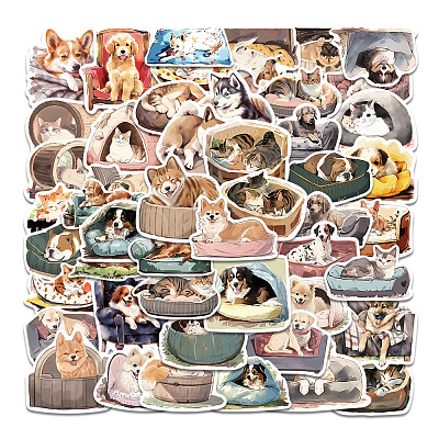 50Pcs Sleepy Dog Cat PVC Waterproof Self-Adhesive Stickers PW-WG75497-01-1