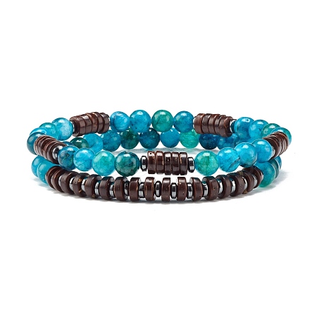 Natural Chalcedony & Synthetic Non-magnetic Hematite Beads Energy Stretch Bracelets Set BJEW-JB07142-03-1