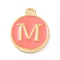 Golden Plated Alloy Enamel Charms, Enamelled Sequins, Flat Round with Alphabet, Letter.M, Hot Pink, 14x12x2mm, Hole: 1.5mm