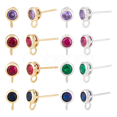 BENECREAT 8 Pairs 8 Color Brass Micro Pave Cubic Zirconia Stud Earring Findings KK-BC0011-48-1