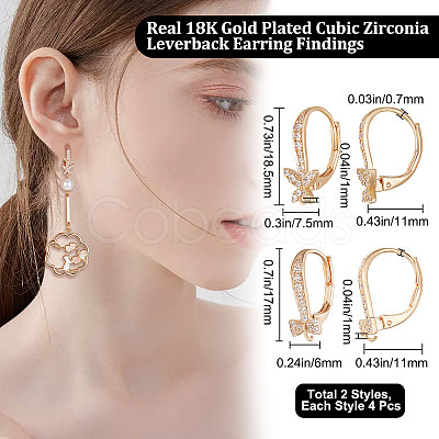 Beebeecraft 8Pcs 2 Style Brass Cubic Zirconia Leverback Earring Findings KK-BBC0004-94-1