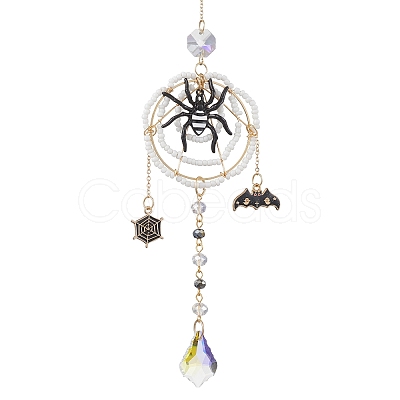 Halloween Wire Wrapped Glass Beads & Alloy Enamel Spider Hanging Ornaments HJEW-TA00205-1