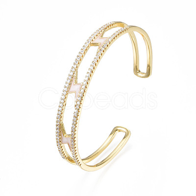 Clear Cubic Zirconia Lighting Bolt Open Cuff Bangle with Enamel BJEW-N012-022-1