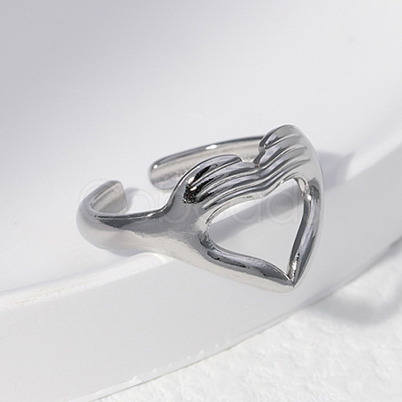 Titanium Steel Heart Hands Open Cuff Ring for Women HEAR-PW0001-090P-9-1