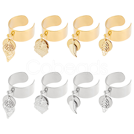 8Pcs 4 Style 304 Stainless Steel Open Cuff Finger Rings with Leaf Charms RJEW-AB00008-1