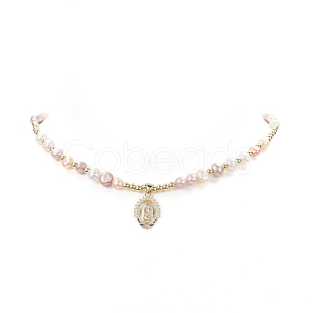 Brass Virgin Mary Pendant Necklace with Natural Pearl Beaded Chains for Women NJEW-JN04144-02-1