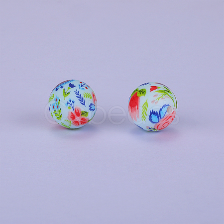 Printed Round with Flower Pattern Silicone Focal Beads SI-JX0056A-113-1