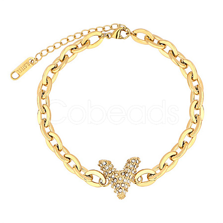 Initial Letter V Cubic Zirconia Link Bracelet with Stainless Steel Oval Link Chains YU4495-1-1