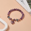 Natural Amethyst Round Beaded Stretch Bracelet with Heart Charms for Women BJEW-TA00245-5