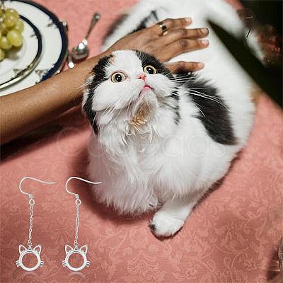 Anti-Tarnish Women Cat Stud Earrings Simple Long Dangle Earrings Cute Pet Kitty Cat Face Earrings Rhodium Plated Sterling Silver Earrings Stud Jewelry Gift for Lovers Women Birthday Christmas JE1072A-1