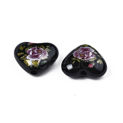 Flower Printed Opaque Acrylic Heart Beads SACR-S305-28-K03-1