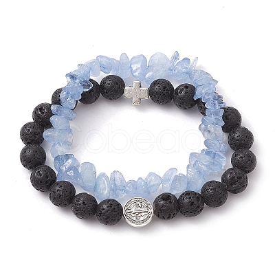 2Pcs 2 Styles Natural Lava Rock & Mixed Gemstone Chips Stretch Bracelets Set BJEW-JB10179-1