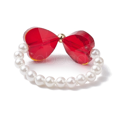 Heart Bowknot Transparent Glass & Shell Pearl Beaded Finger Rings RJEW-TA00123-1