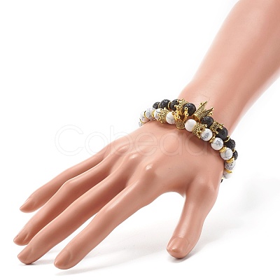 Electroplated Natural Lava Rock & Synthetic Howlite Beads Stretch Bracelets Set for Girl Women X1-BJEW-JB06924-1