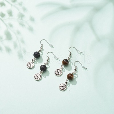 2Pair 2 Style Natural Lava Rock & Tiger Eye with Yin Yang Long Dangle Earrings EJEW-JE04962-01-1