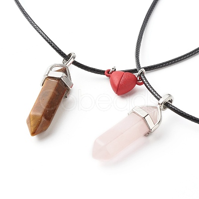 Natural Tiger Eye & Rose Quartz Double Terminated Pointed Pendants Necklaces Set for Couples Best Friends NJEW-JN03676-1