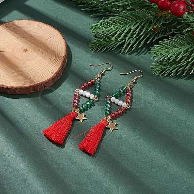 Glass Beaded Rhombus with Star and Tassel Dangle Earrings EJEW-TA00100-1