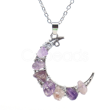 Natural Amethyst Chips Crescent Moon Pendant Necklace PW-WG21068-05-1