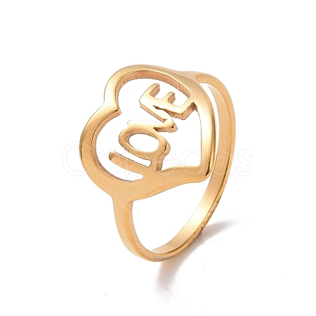 Ion Plating(IP) 201 Stainless Steel Heart with Word Love Finger Ring RJEW-J051-38G-1