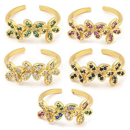 Flower Rack Plating Brass Micro Pave Cubic Zirconia Open Cuff Rings for Women RJEW-N047-01G-RS-1