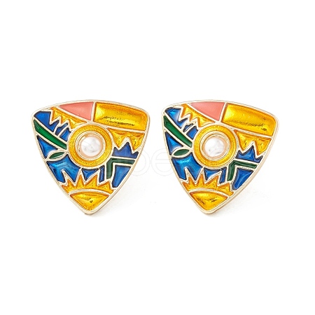 Enamel Triangle Stud Earrings with Imitation Pearl for Women EJEW-F277-01LG-1