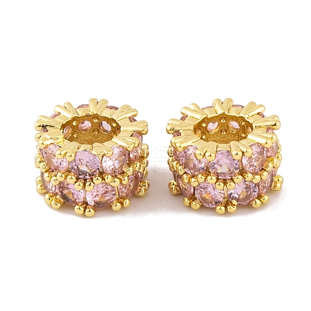 Rack Plating Brass Micro Pave Pink Cubic Zirconia European Beads KK-K367-19G-1