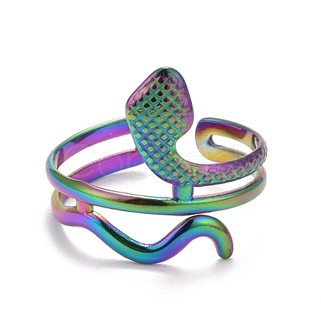 Rainbow Color Ion Plating(IP) 304 Stainless Steel Snake Chunky Open Cuff Ring for Women RJEW-A005-38MC-1