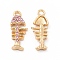 Rack Plating Eco-friendly Alloy Rhinestone Pendants, Fishbone Charm, Golden, Light Rose, 22x8.5x3.5mm, Hole: 2mm