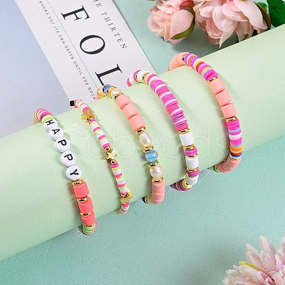 5Pcs 5 Style Handmade Polymer Clay Beads Stretch Bracelets Sets BJEW-SZ0001-77A-1