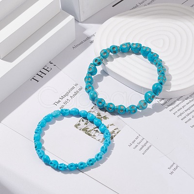 2Pcs 2 Style Synthetic Turquoise(Dyed) Skull Stretch Bracelets Set BJEW-JB08068-1