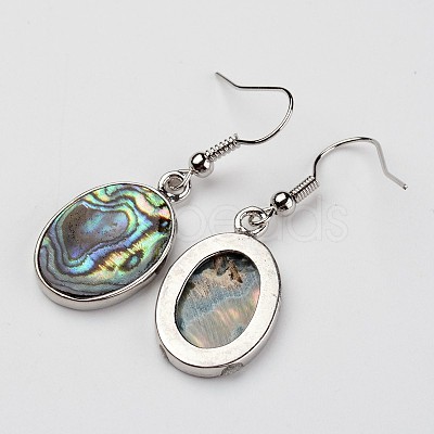 Oval Platinum Tone Brass Natural Paua Shell Dangle Earrings EJEW-M060-06-1