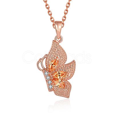 Rose Gold Plated Brass Cubic Zirconia Butterfly Pendant Necklaces for Women NJEW-BB00522-02-1