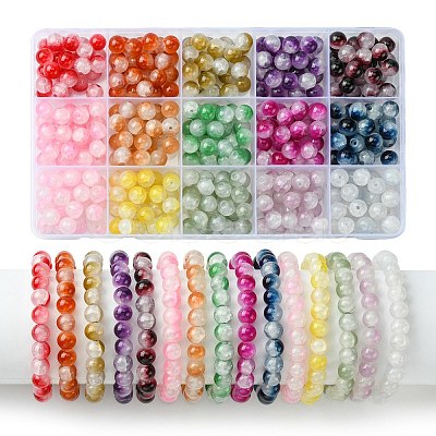 375Pcs 15 Colors Crackle Baking Painted Imitation Jade Glass Beads Sets DGLA-FS0001-06-1