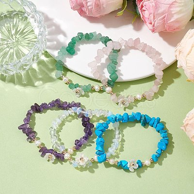 Mixed Gemstones Chip Beaded Plastic Flower Stretch Bracelets BJEW-JB10205-1