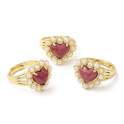 Ion Plating(IP) Natural Mixed Gemstone Heart Adjustable Ring with Plastic Pearl Beaded RJEW-E075-05G-1