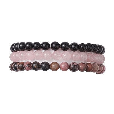 3Pcs 3 Style Natural Mixed Stone Round Beaded Stretch Bracelets BJEW-JB10178-01-1