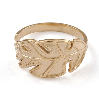 Ion Plating(IP) 304 Stainless Steel Monstera Leaf Open Cuff Rings for Women RJEW-G285-68G-1