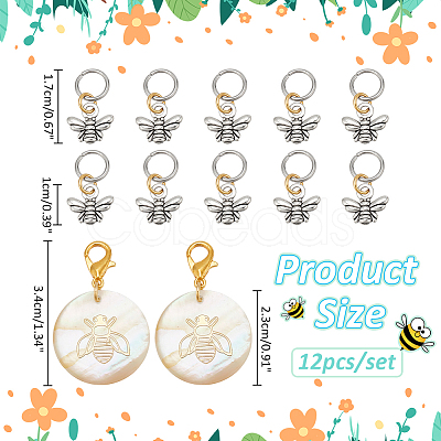 12Pcs 2 Style Bees Tibetan Style Alloy Pendant Stitch Markers HJEW-NB00041-1