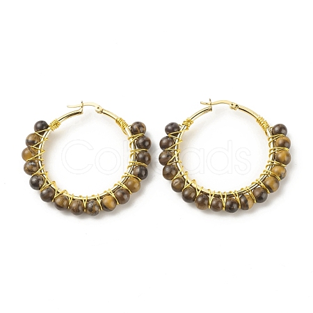 Natural Tiger Eye Beaded Hoop Earrings for Women EJEW-C003-03B-RS-1