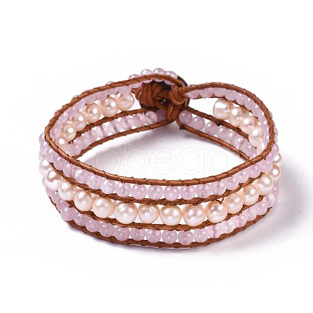 Natural Rose Quartz Beaded Cord Bracelets BJEW-K214-A04-1