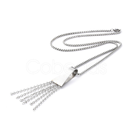 304 Stainless Steel Trapezoid with Tassel Pendant Necklace with Box Chains for Women NJEW-B087-06P-1