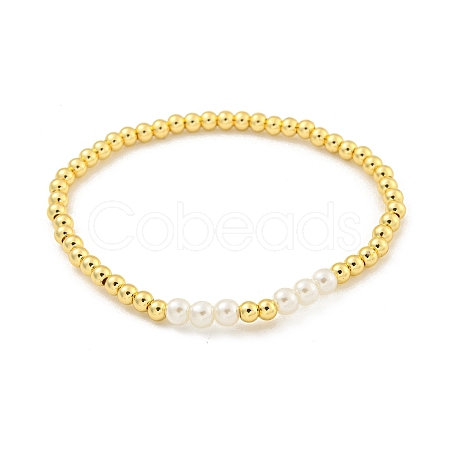 Brass & ABS Plastic Imitation Pearl Round Beaded Stretch Bracelets for Women BJEW-G704-02G-1