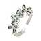 Flower Rack Plating Brass Micro Pave Cubic Zirconia Open Cuff Rings for Women, Cadmium Free & Lead Free, Long-Lasting Plated, Platinum, Dark Green, Flower: 9.8x20.5mm, Adjustable